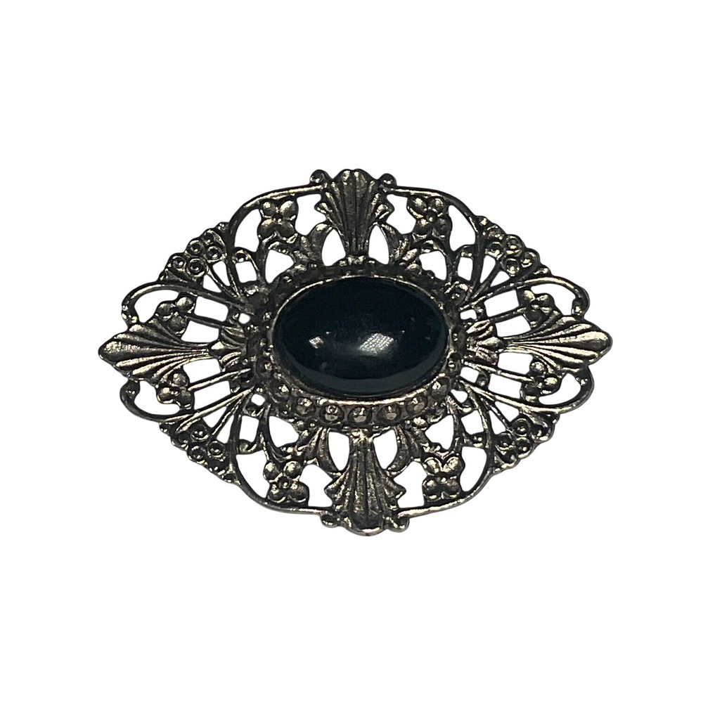 Vintage 1950s Mid-Century Silver Plated Filigree Brooch Pin with Black Cabochon